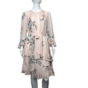 Joie Kayane Floral Pale Pink Silk Asymmetrical Tiered Flounced Belted Dress M